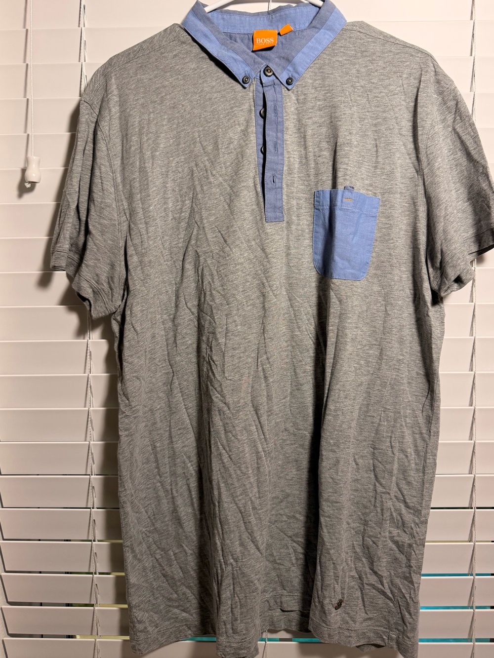 Boss Grey Polo with Blue Chambray Collar and Pocket